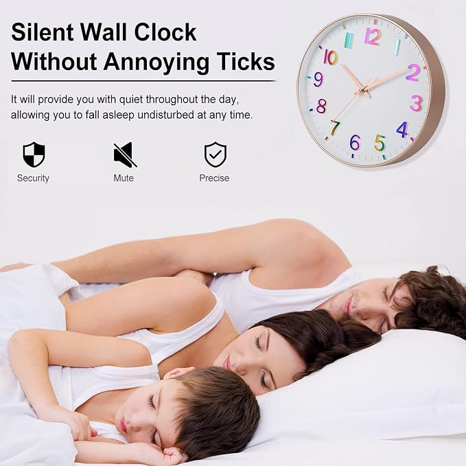 HZDHCLH 12 Inch Silent Wall Clock Battery Operated Non Ticking Colorful | 12 inch Silent Non Ticking Modern Wall Clock for Nursery Room Living Room Bedroom Kitchen Office Classroom Decor