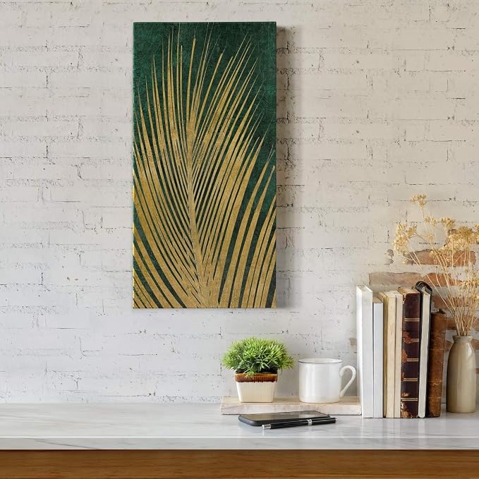 Renditions Gallery Canvas Nature Wall Art Home Paintings & Prints Glittering Golden Palm Modern Romantic Botanical Glam Artwork Decorations for Office Bedroom Kitchen - 8"x16" LT43
