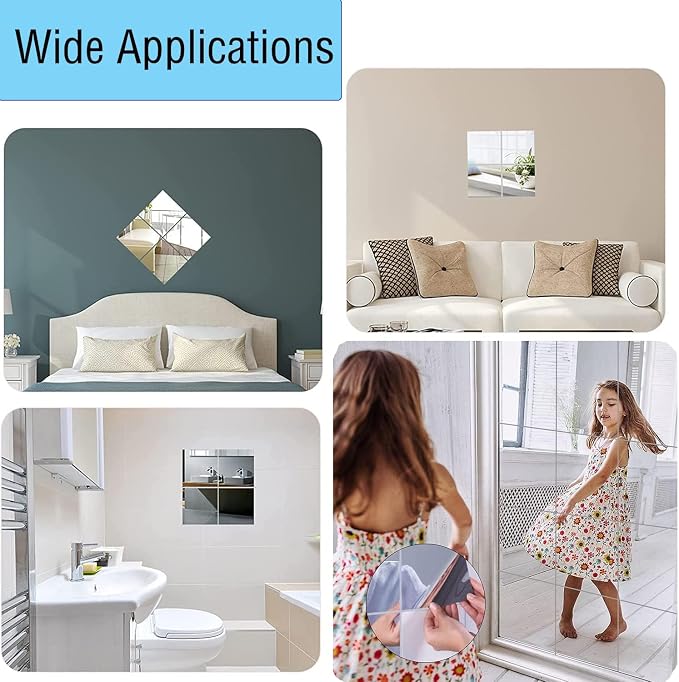 16" x 12" x 2Pcs Acrylic Mirror Sheets, Decorative Wall Mirrors | Flexible Body Mirror Tiles with Self Adhesive Tapes, Non Glass Mirror Stickers for Bathroom Bedroom Home Wall Decor