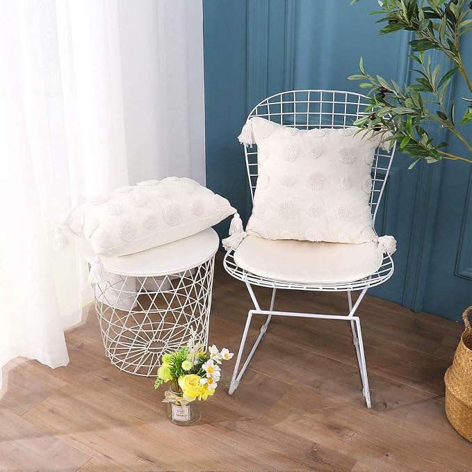 PLWORLD Boho White Lumbar Pillow Cover 12x20, Tufted Cream Chenille Case with Pom Poms & Tassels, 1PC Cover Only, No Insert