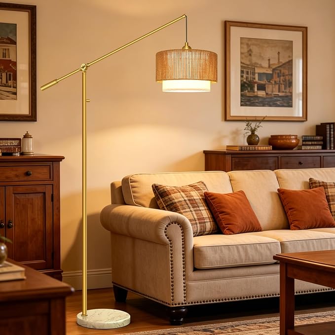 【Upgraded】Boho Dimmable Floor Lamp with Adjustable Swing Arm, 1100 Lumens Bulb Included, Modern Standing Lamp with Rattan & Fabric Shades, Tall Arc Floor Lamp for Living Room Bedroom, Gold, Heavy Base