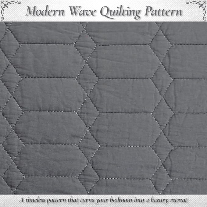 Cozy Line Home Fashions 100% Cotton Quilt Set – 3-Piece Charcoal Gray Solid Classic Modern Geometric Quilted Bedspread with Shams, Lightweight All Season Modern Bedding (Hexagon Gray, King)