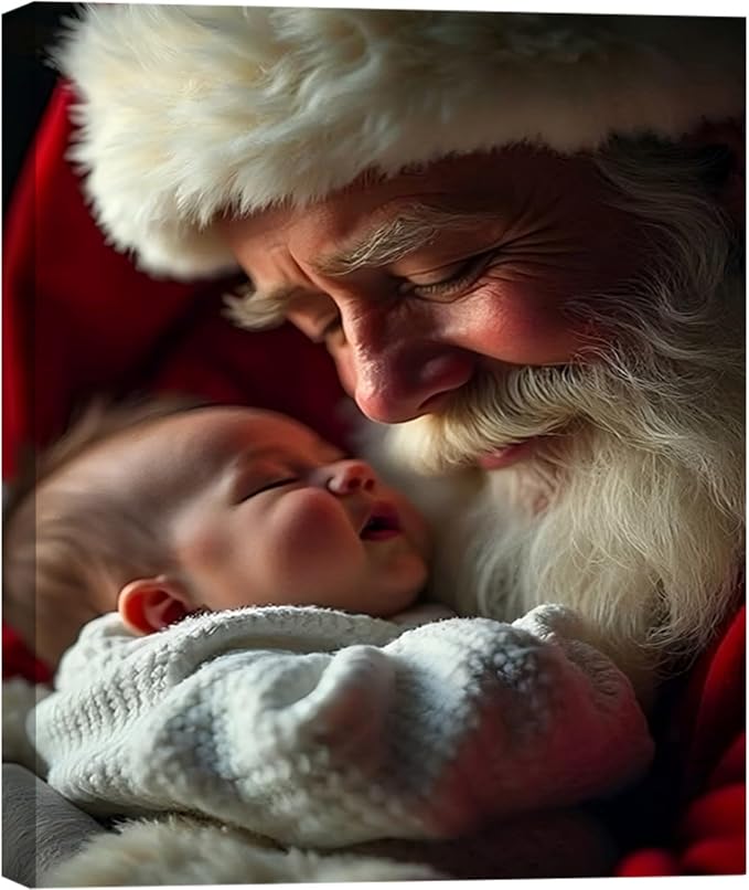 Festive Santa with Baby Christmas Canvas Poster 16x24inch - Warm Holiday Indoor Wall Decor, Framed Wall Art for Living Room, Bedroom, Dining Area & Bathroom, Christmas Home Decor