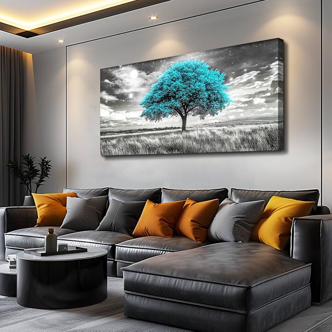 KELIYUAN Modern Canvas Print Wall Art Blue Tree Painting Full Of Stars Black And White Art pictures Natural Landscape Wall Decoration Suitable For Living Room Bedroom Office Framed Stretch 20x40 In