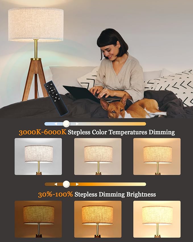 ELYONA Floor Lamp for Living Room, Solid Ash Wood Tripod Floor Lamp with Remote Control, Stepless Dimmable Standing Lamp for Bedroom, Office, Tall Lamp with Linen Shade, Mid Century Modern & Farmhouse