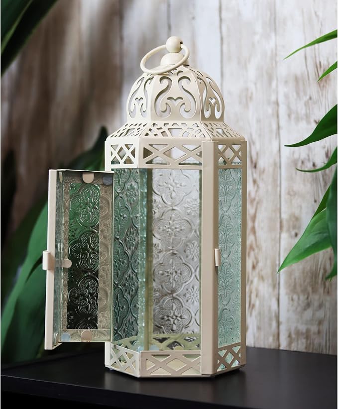 Vela Lanterns Decorative Indoor Moroccan Candle Holder, Cream, M | Wedding Lanterns, Ramadan Decorations, Ivory Shabby Chic Farmhouse Lamp, Votive Pillar Holder, Eid Tealight, 10.5in