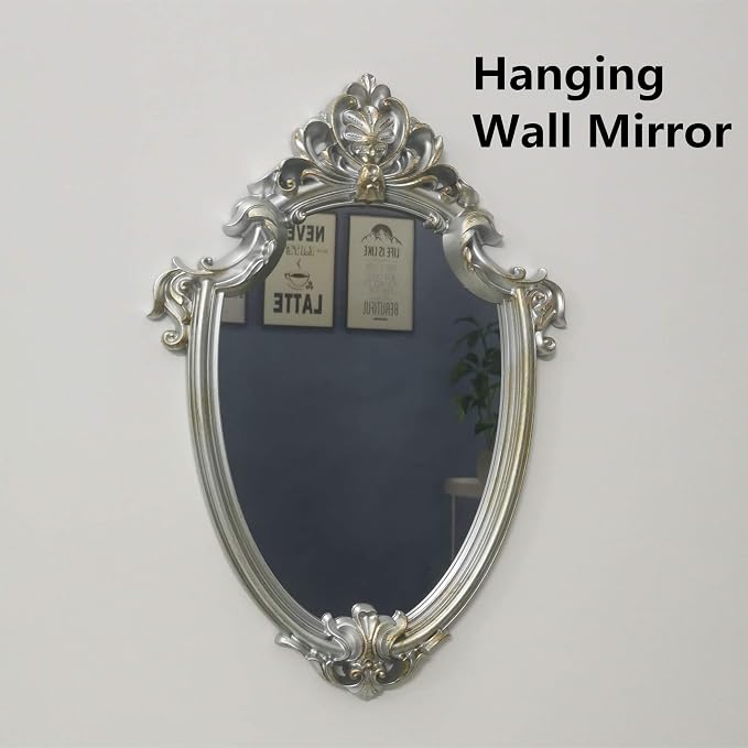 Yash Decorative Wall Mirror, Vintage Hanging Mirrors for Bedroom Living-Room Decor,, 11”x 16.5”, Antique Silver