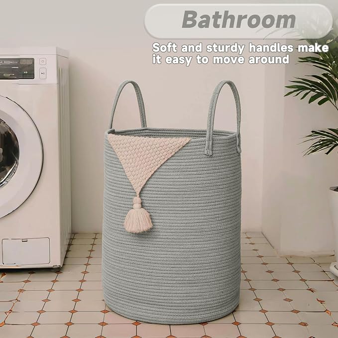 JMvicyroam 80L Cotton Rope Laundry Basket Hamper, Grey | Collapsible laundry basket, reinforced handles, freestanding, machine washable, holds 3-5 thick blankets, clothes or toys