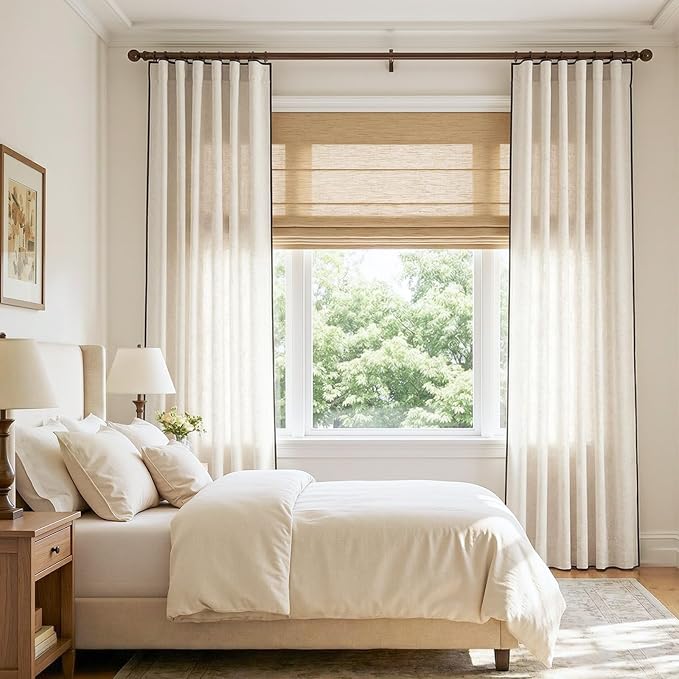 jinchan Beige Linen Curtains with Black Trim Back Tab 50 x 90 Inch 2 Panels | Semi sheer light filtering, modern farmhouse curtains for living room and bedroom, back tab rod pocket, machine washable