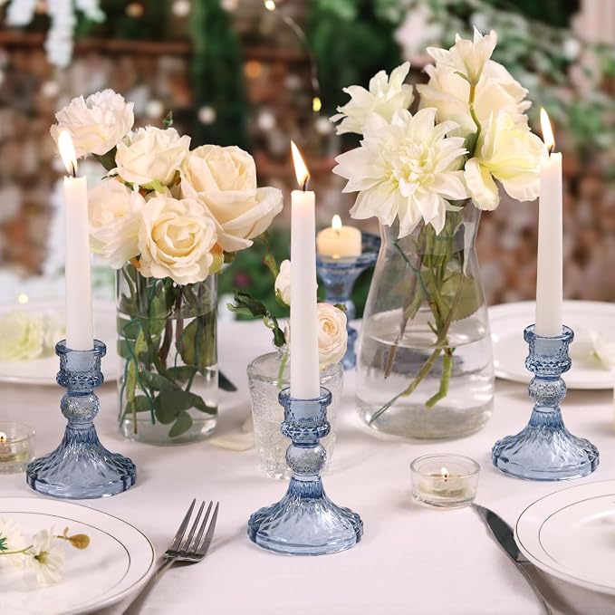 Glass Candle Holder Set of 12, Blue Taper Candle Holders Bulk | Vintage Candlestick Holders, Candle Stick Holder for Table Centerpieces, Wedding, Festival & Home Decor