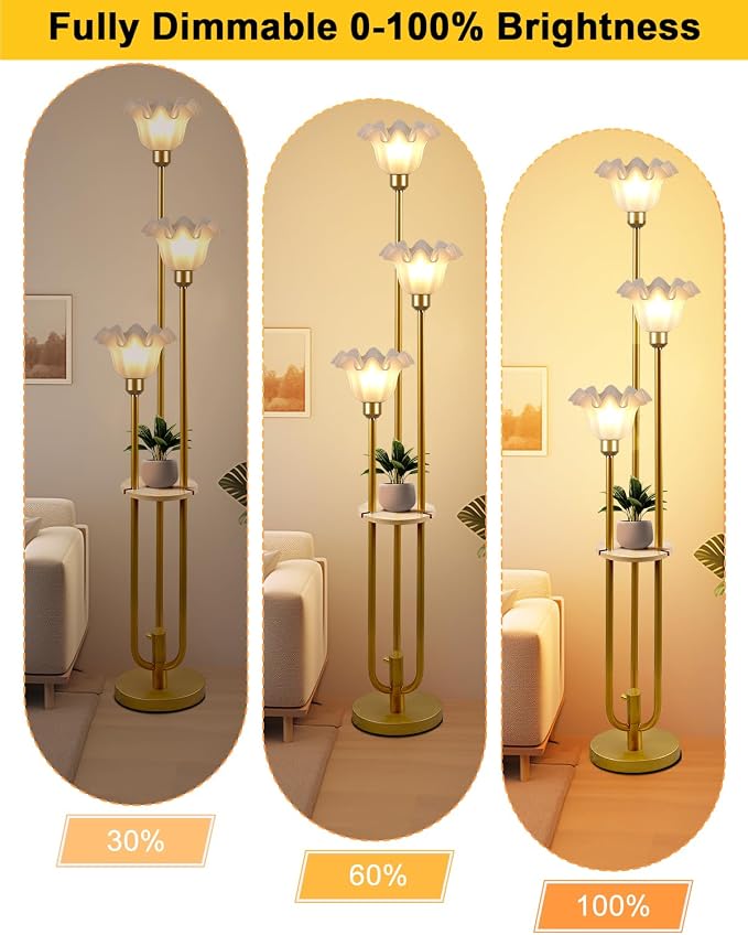 3-Flower Floor Lamp with Table Dimmable Gold Floral Floor Lamps
