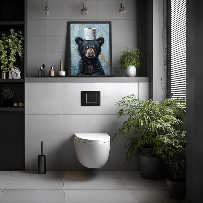 LLEEMPI Funny Black Bear Toilet Paper Bathroom Wall Art,16x24 Framed Print | Vintage blue and black rustic humor decor for restroom, hallway or cabin; housewarming gift for bear and animal lovers.