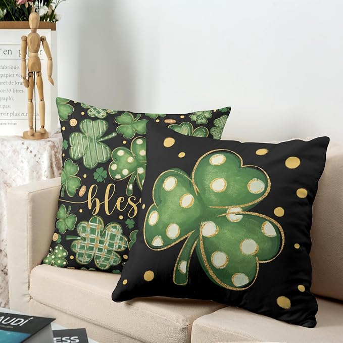 Pack of 2 St Patricks Day Pillow Covers 20x20 Lucky Blessed Shamrock Throw Pillow Covers Green Black Stripes Polka Dots Clover Pillow Cases for Sofa Couch Bed Home Decor
