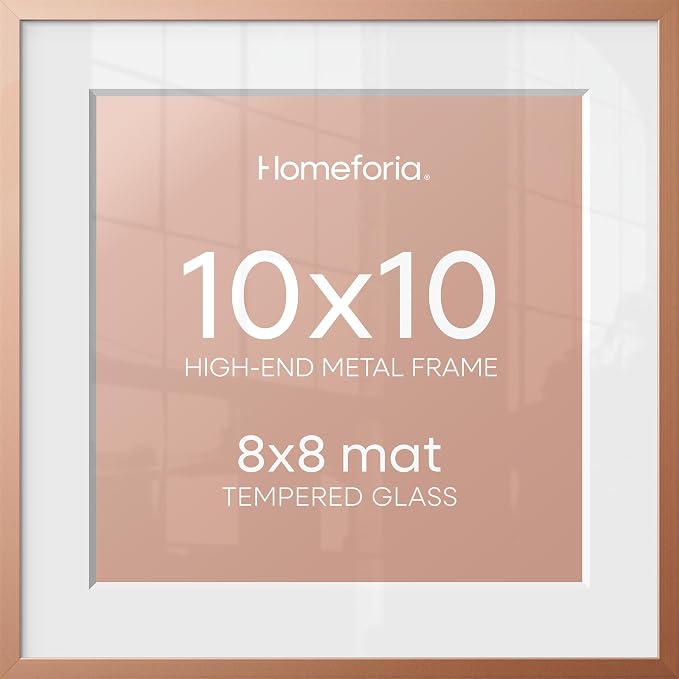 Homeforia 10x10 Rose Picture Frame, High-End Metal, 8x8 Mat, Glass