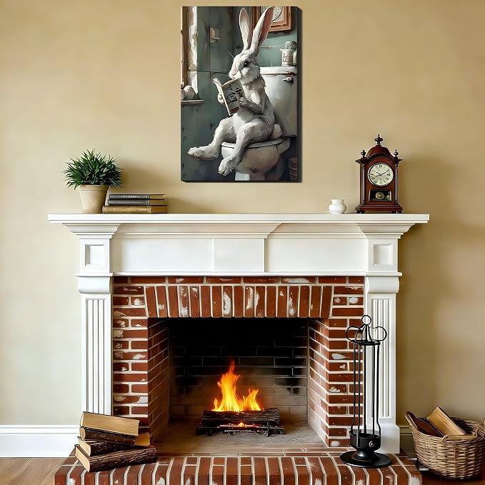 Whimsical Easter Bunny Reading on Toilet Canvas Art, Unique Framed Rabbit Wall Decor for Bathroom, Retro Easter Paintings Prints Pictures for Home Wall Decoration, 12x18 In