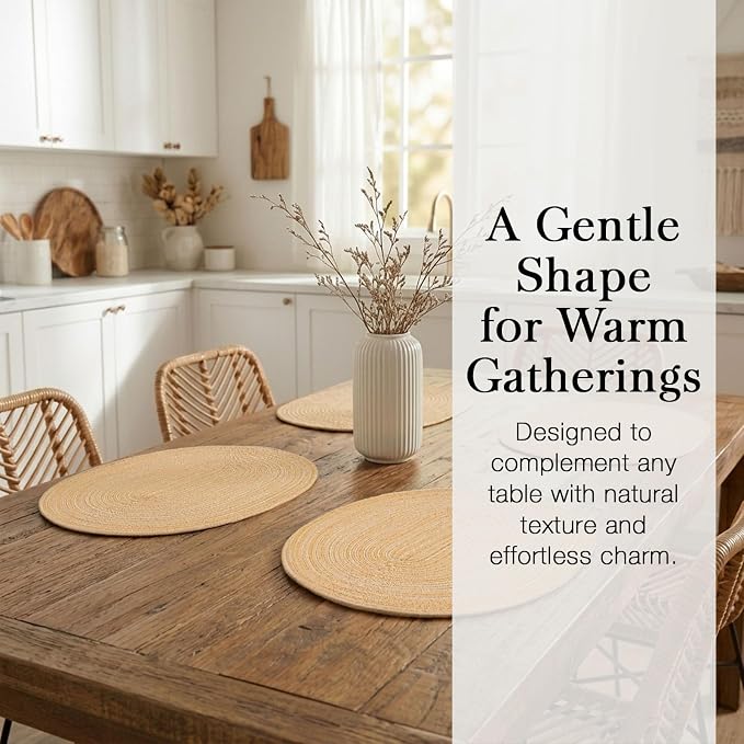 Placemats Set of 6, Woven Oval Braided Dining Table Mats(Beige Brown) | 12 x 17.5 Inch Size Fits Plates and Flatware; Hand Washable and Heat Resistant for Kitchen Use, with Farmhouse and Boho Style