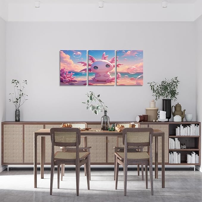 Feelyou Kids Cute Pink Axolotl Canvas Wall Art for Living Room Bedroom Ocean Sealife Wall Painting Posters Girls Kawaii Cartoon Animal Picture Wall Decor Beach Bathroom Wall Art 12"x16"x 3Pcs