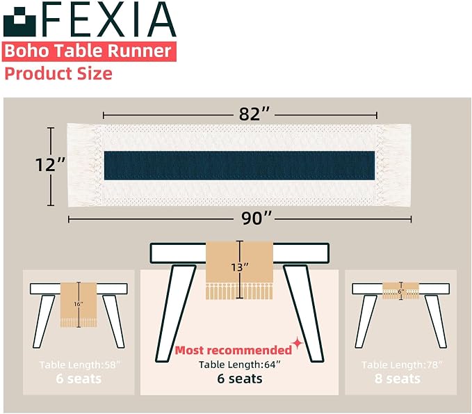 FEXIA Boho Table Runner for Home Decor 12x90 Blue Fall Rustic Decorations | 90 Inches Long with Tassels Macrame Farmhouse Style Party Rustic Wedding Baby Shower Dining Kitchen Living Room Decor