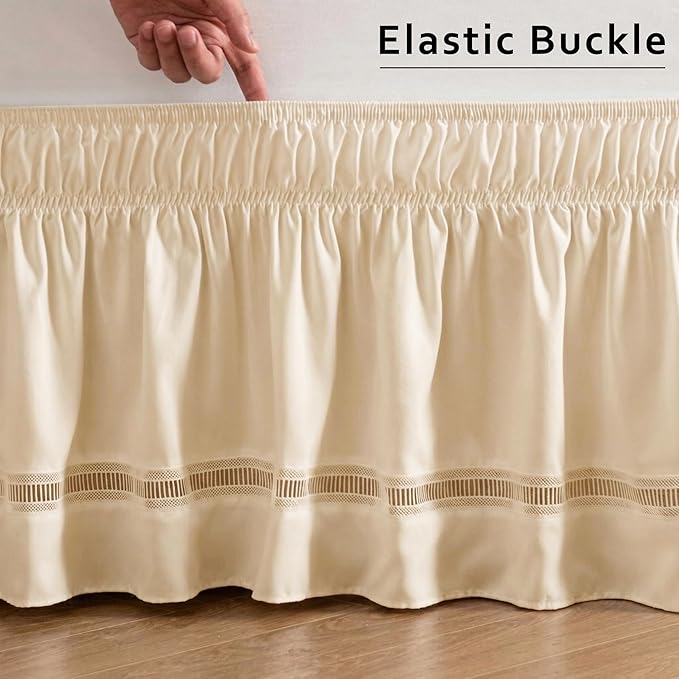 MIYE Wrap Around Ruffled Lace Bed Skirt, Elastic Dust Ruffle with Adjustable Belts, Easy to Put On, Bed Frame Cover, Machine Washable (Ruffled Lace/Light Beige, King/Queen-12.5" Drop)