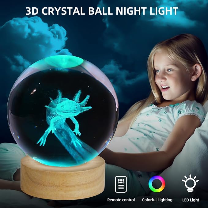 3D Axolotl Crystal Ball Night Light, Upgraded 3.15 Inch Glass Ball Lamp with 16 Color LED Wooden Base, Axolotl Decor Birthday Holiday Christmas Gifts for Boys Girls Friends (Axolotl-1)