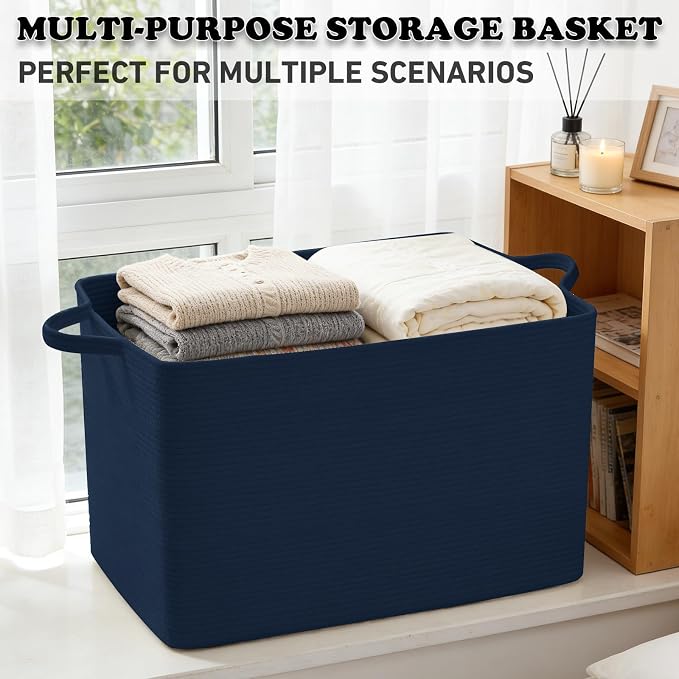 65L Large Laundry Basket with Handles,Woven Blanket Basket,Navy | 21"×16"×12" Collapsible Cotton Rope Storage Basket for Toys Clothes & Pillows, Nursery, Bathroom, Bedroom, Living Room