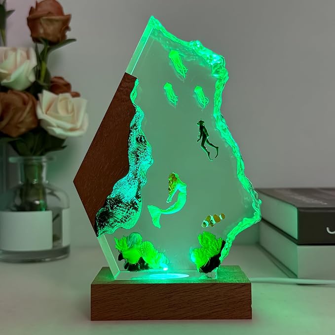 Mermaid Resin Lamp,Handcrafted Ocean Lamp with Wooden Base,RGB Lighting,Resin Art Mermaid Decor for Home Office, Mermaid Gifts for Women,Girls, Unique Birthday Holiday Gifts (L 12"X8")