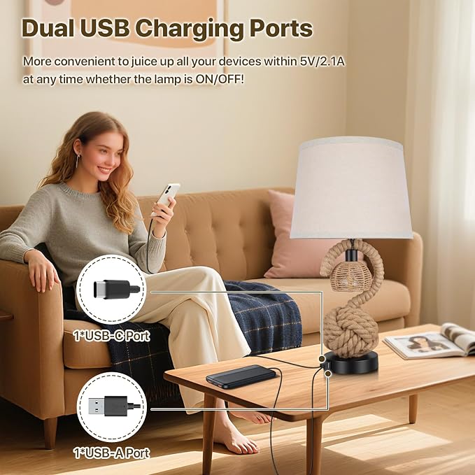 22" Rope Table Lamps for Night Stands, Dual-Lights Bedside Lamps Set of 2