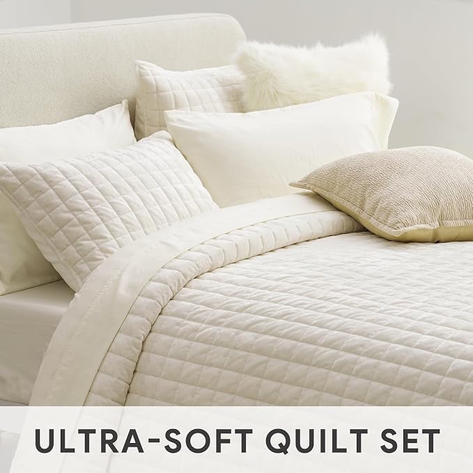 RECYCO Channel Box Stitch Velvet Quilt Set, King Size, Cream White | Ultra Soft Lightweight Velvet Comforter, Luxury Oversized Bedspread Coverlet, Quilted Bedding Set for All Season with 2 Shams