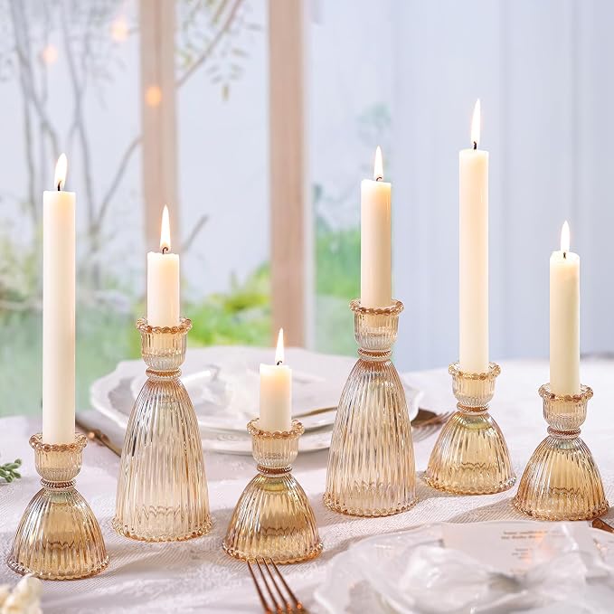 Gold Candlestick Holders Set of 6-4pcs 3.5"& 2pcs 6" Assorted Taper Candle Holder Centerpieces for Wedding, Ribbed Glass Candle Holders Bulk for Party Table Decor, Modern Home Decor