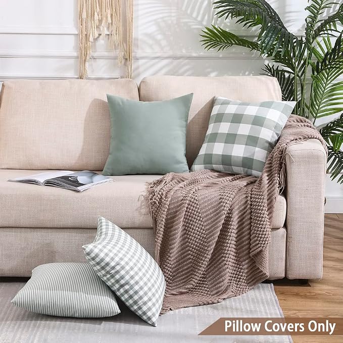 CARRIE HOME Green Plaid 20x20 Throw Pillow Covers Set of 4, Farmhouse Throw Pillows Light Green Checkered Decorative Couch Pillows Set of 4, Green and White Pillow Cover for Bed (No Pillow Inserts)