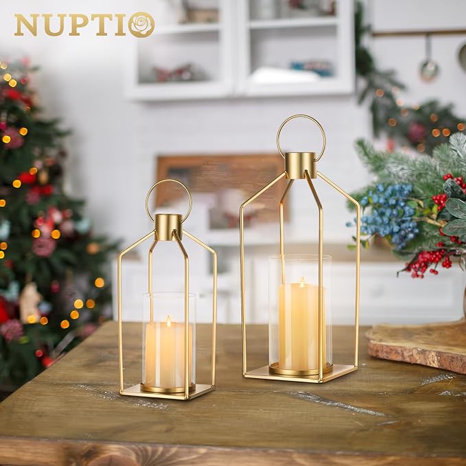 NUPTIO Gold Lanterns Decorative Indoor: Hanging Candle Lantern for Pillars | Hurricane Glass Lantern Set of 2for Wedding Home Front Porch Outdoor Fireplace Christmas Table Centerpiece