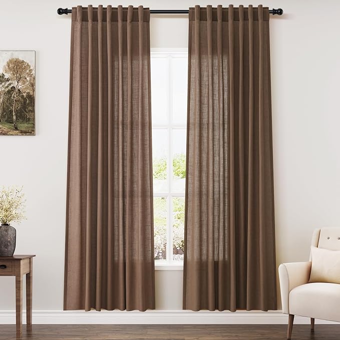 Caramel Brown Linen Semi Sheer Curtains 72 Inches Long 2 Panels Set for Bedroom Back Tab Rod Pocket Light Filtering Privacy Drapes Cotton Textured Farmhouse Living Room Curtain 52X72