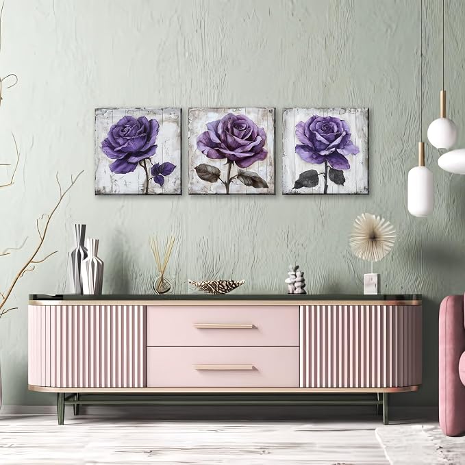 NAN Wind 3Pcs Purple Rose Canvas Prints Wall Art Botanical Floral Art Modern Flower Artwork Ready to Hang Textured Wall Art Print Decorative Wall Hanging for Living Room Bedroom Kitchen