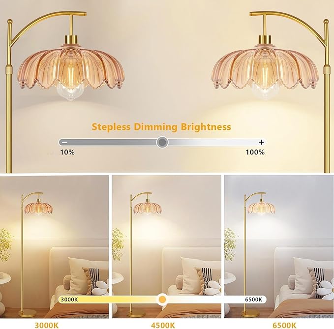 Vintage Floor Lamps for Living Room Glass Floor Lamp with Remote Control & 3 Color Temperature,Dimmable Floor Lamp Gold Mid Century Modern Standing Lamp Brass Tall Floor Lamps for Bedroom Corner