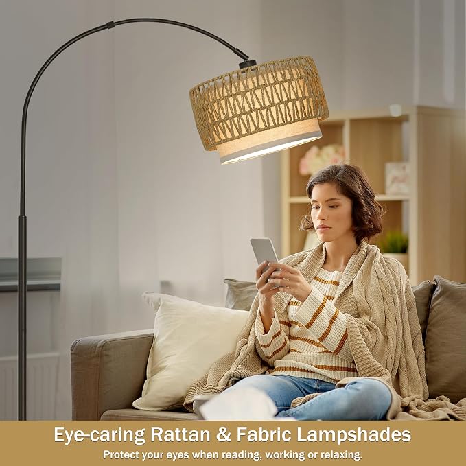 Rattan Floor Lamp, Dimmable Arc Floor Lamps with Adjustable Head