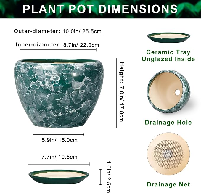Ceramic Planter, 10 Inch Pots for Plants Indoor, Bubble Green | Decorative Modern Flower Pots with Drainage Hole and Saucer, Round Large Plant Pot, House Decor, Gifts for Gardeners