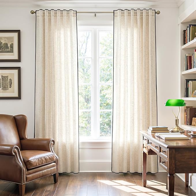 jinchan Beige Linen Curtains with Black Trim Back Tab 50 x 90 Inch 2 Panels | Semi sheer light filtering, modern farmhouse curtains for living room and bedroom, back tab rod pocket, machine washable