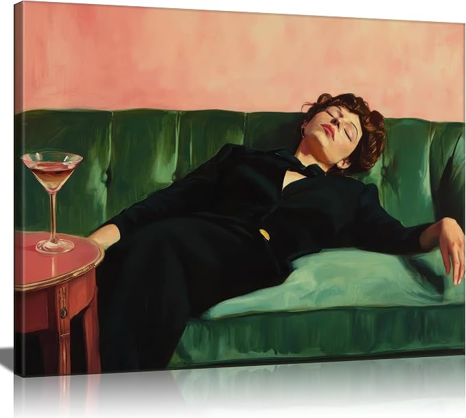 Vintage Woman Canvas Wall Art Funky Victorian Woman on Couch with Martini Picture Wall Decor Eclectic Cocktail Poster Trendy Bar Cart Decor Painting Print Artwork for Bar Kitchen Dining Room, Framed