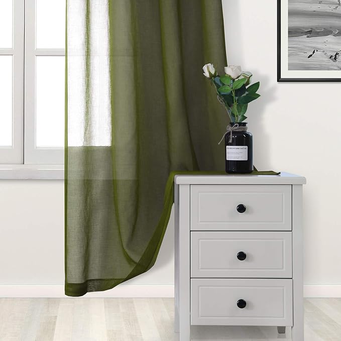 DWCN Olive Green Sheer Curtains for Living Room Bedroom Faux Linen Look Voile Drapes Grommet Top Window Curtain Panel 52 x 90 inches Long, Set of 2 Panels