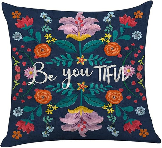 Littlefa Inspiring Gifts Colour Retro Flower Throw Pillow Cover Retro Flower Cushion Cover Decorative Pillowcase Living Room Bedroom Decor for Girls Friends Daughter Niece Women - Be You Tiful