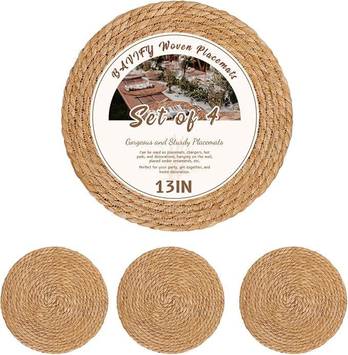 BAVIFY 13" Round Woven Placemats Set of 4, Plate Chargers for Dining Table | 13 Inch Place Mats Set of 4, Wicker Chargers for Dinner Plates, Boho Farmhouse Rustic Table Mats for Dining Table Decor