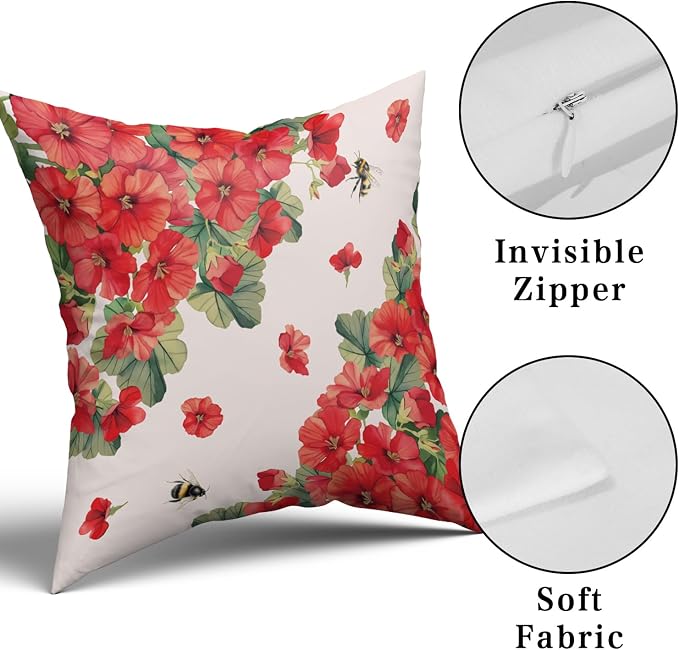 Giwawa 2PCs Geranium Throw Pillow Covers, 16"x16" Spring Summer Red Floral Bees Decorative Cotton Pillow Cases, Watercolor Flower Blossom Square Cushion Cover Sofa Couch Porch Living Room
