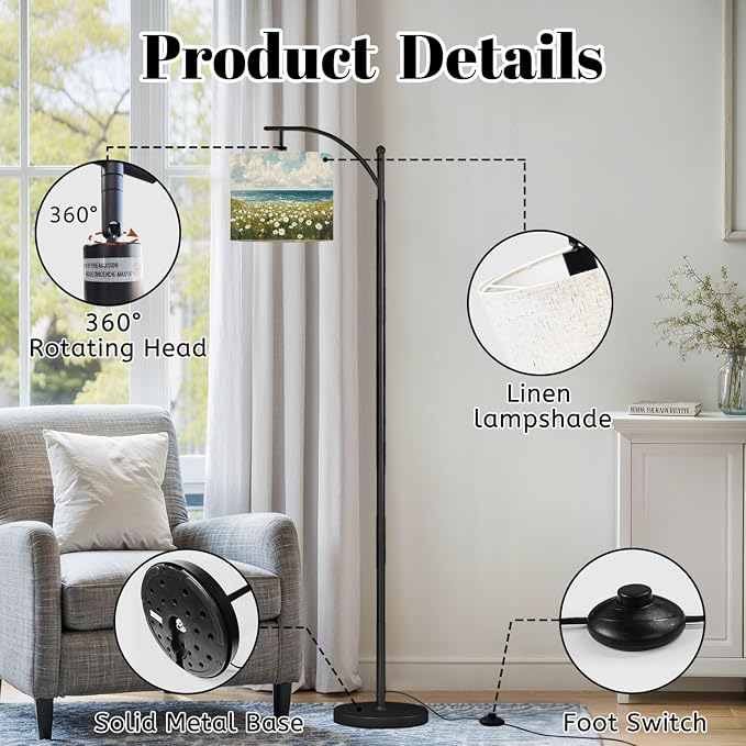 Arc Floor Lamp Farmhouse Boho Beach Coastal Vintage Floral Ocean Daisy Flowers Sea Dimmable Modern Standing Lamp with Remote Adjustable Drum Shade Footswitch Tall Pole Lamp for Living Room Bedroom