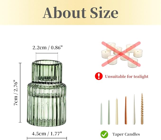 Hewory Taper Candle Holders Bulk, 10PCS Green Glass Candlestick Holders | For 0.86" Taper Candles, Ribbed, Vintage Candle Sticks Holder Decor, Wedding Table Centerpiece Bridal Showers Christmas Home