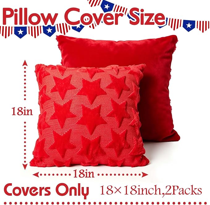 4th of July Decorations Pillow Covers 18x18 inch Set of 2 Red Embroidery Star Decoration Soft Plush Faux Fur Jacquard Throw Pillows Independence Memorial Day for Home Sofa Farmhouse Decorations