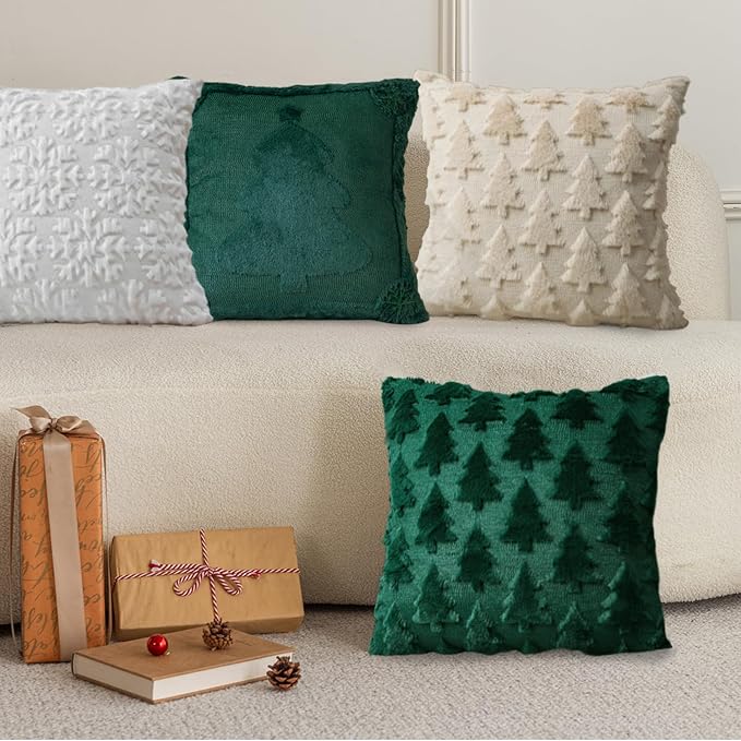 ONFAON Christmas Decorations - Christmas Tree 18x18 Throw Pillow Covers Set of 2,Xmas Decorations Faux Fur Cushion Covers, 3D Embroidered Pillow Cases for Couch Bedroom Living Room Decor, Green