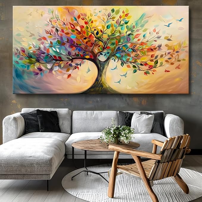 Vibrant Tree of Life Wall Art Colorful Framed Canvas Print for Living Room, Bedroom, Dining Room, or Home Office Modern Ready to Hang Decor,Nature Inspired Home Decoration - 24"x48"