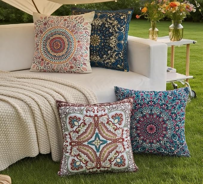 Boho Throw Pillow Covers 20X20 Inch Set of 4 Farmhouse Decorative Couch Pillow Cases Vintage Floral Pillows for Sofa Living Room Bedroom Summer Outdoor Patio Porch