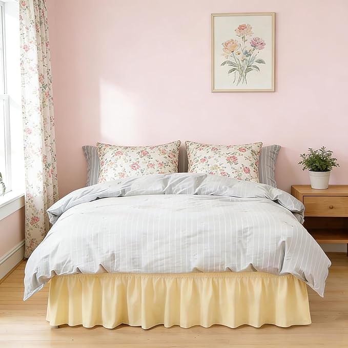 Butter Yellow Bed Skirt Queen 12" Drop, Elastic Wrap Around Bedskirt | Solid Ruffled, Easy to Use, No Mattress Lifting, Wrinkle & Fade Resistant, with Adhesive Strips, Machine Wash/Dry/Iron