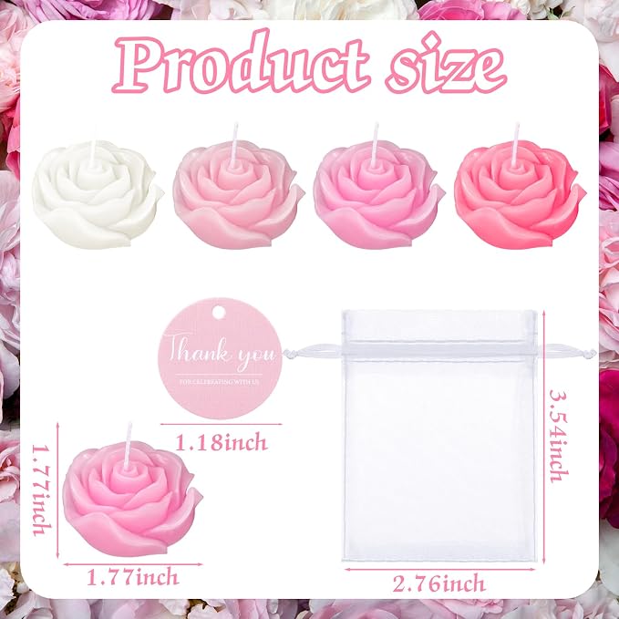 Treela 50 Set Rose Flower Candles, Pink Series Wedding Favors for Guests